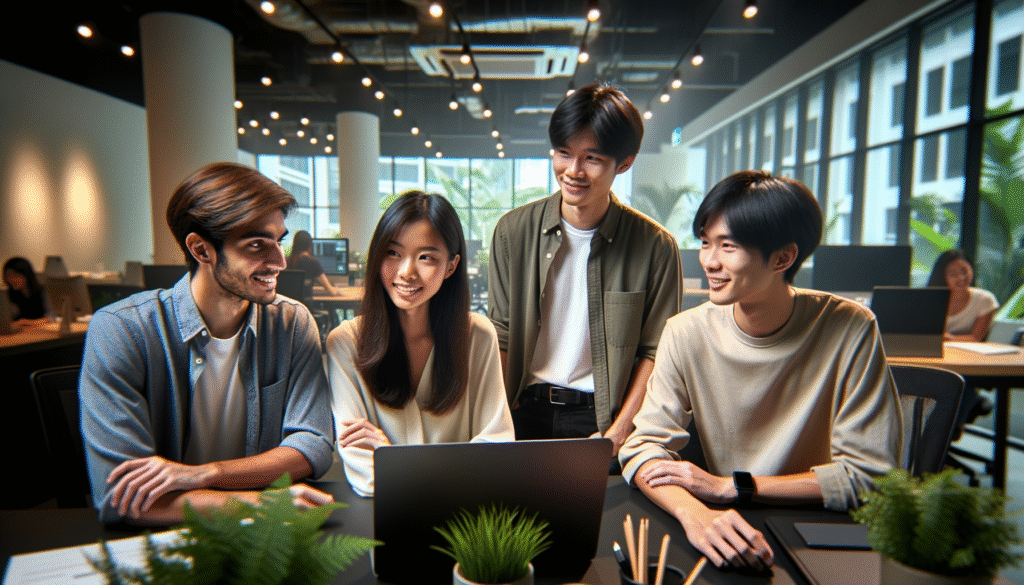 Generate a high-quality, professional photograph of a team of four young Singaporean digital marketers engaged in a light-hearted work discussion in a modern office setting. The team comprises two men and two women, all appearing pleasant yet serious in their conversation. The office should feature contemporary design elements, such as sleek desks, large windows with natural light, and greenery. For optimal realism and quality, simulate this image as if it were taken with a Canon EOS R5 camera paired with a 50mm f/1.2L lens. Set the aperture to f/2.8 to achieve a soft bokeh effect in the background, and adjust the shutter speed to 1/125 seconds to capture sharpness in the subjects. Use a color temperature of 5500K to create a natural daylight effect, emphasizing the warm tones of the office environment. Additionally, ensure the lighting highlights the expressions and details of the marketers, suggesting a collaborative, dynamic atmosphere. Generate a high-quality, professional photograph of a team of four young Singaporean digital marketers engaged in a light-hearted work discussion in a modern office setting. The team comprises two men and two women, all appearing pleasant yet serious in their conversation. The office should feature contemporary design elements, such as sleek desks, large windows with natural light, and greenery. For optimal realism and quality, simulate this image as if it were taken with a Canon EOS R5 camera paired with a 50mm f/1.2L lens. Set the aperture to f/2.8 to achieve a soft bokeh effect in the background, and adjust the shutter speed to 1/125 seconds to capture sharpness in the subjects. Use a color temperature of 5500K to create a natural daylight effect, emphasizing the warm tones of the office environment. Additionally, ensure the lighting highlights the expressions and details of the marketers, suggesting a collaborative, dynamic atmosphere.